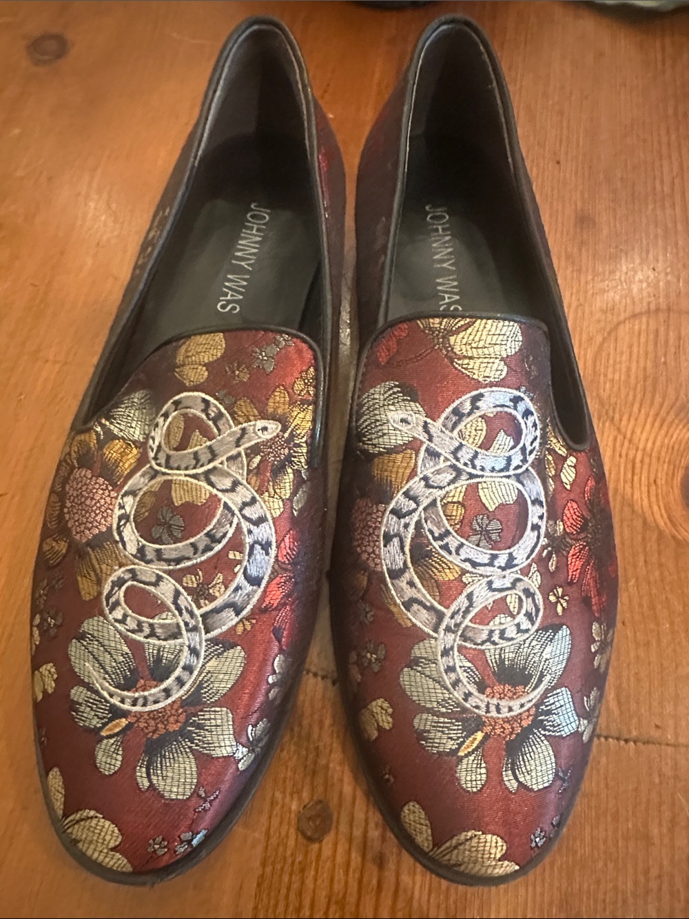 Johnny Was Burgundy Floral Embroidered Snake Slip-On Loafers